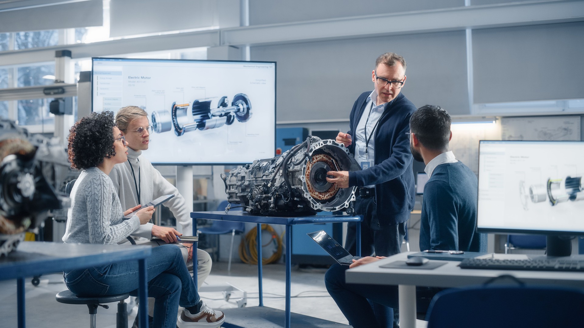 Team of Diverse Engineers Using Laptop and Tablet to Analyse Electric Vehicle Engine In the Research Laboratory. Modern Industry 4 Sustainable Energy and Emission Reduction Technology Concept.